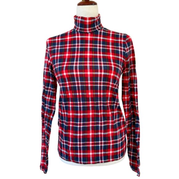 J. CREW Tissue Turtleneck in Red Blue Tartan Plaid Size M - Picture 2 of 9